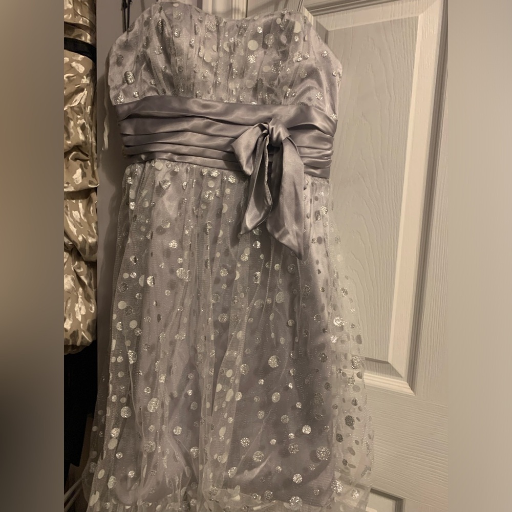 Silver polka dotted semi formal dress